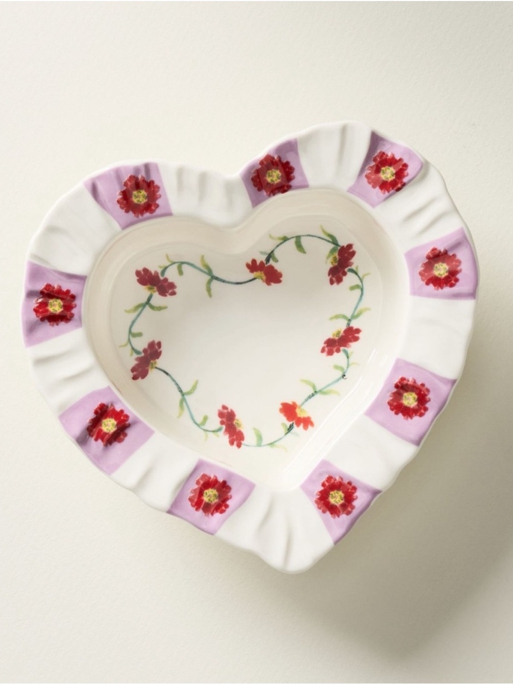 Anthropologie Floral Heart Shaped Ramekin Trinket Bowl or Dice Holder Stoneware